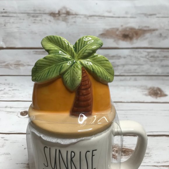 Rae Dunn SUNRISE SUNBURN SUNSET Mug with Palm Tree Topper - Picture 3 of 7